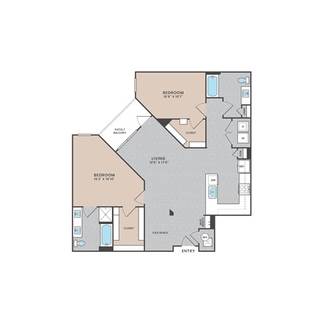 A floor plan of a house with a living room, two bedrooms, a bathroom, and a closet.
